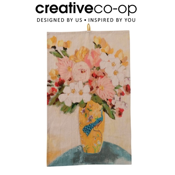 Creative Co-Op Cotton Chambray Printed Tea Towel with Flowers in Vase - Picture 1 of 7